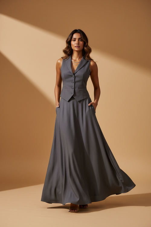 Model wearing charcoal grey sleeveless vest with matching maxi skirt