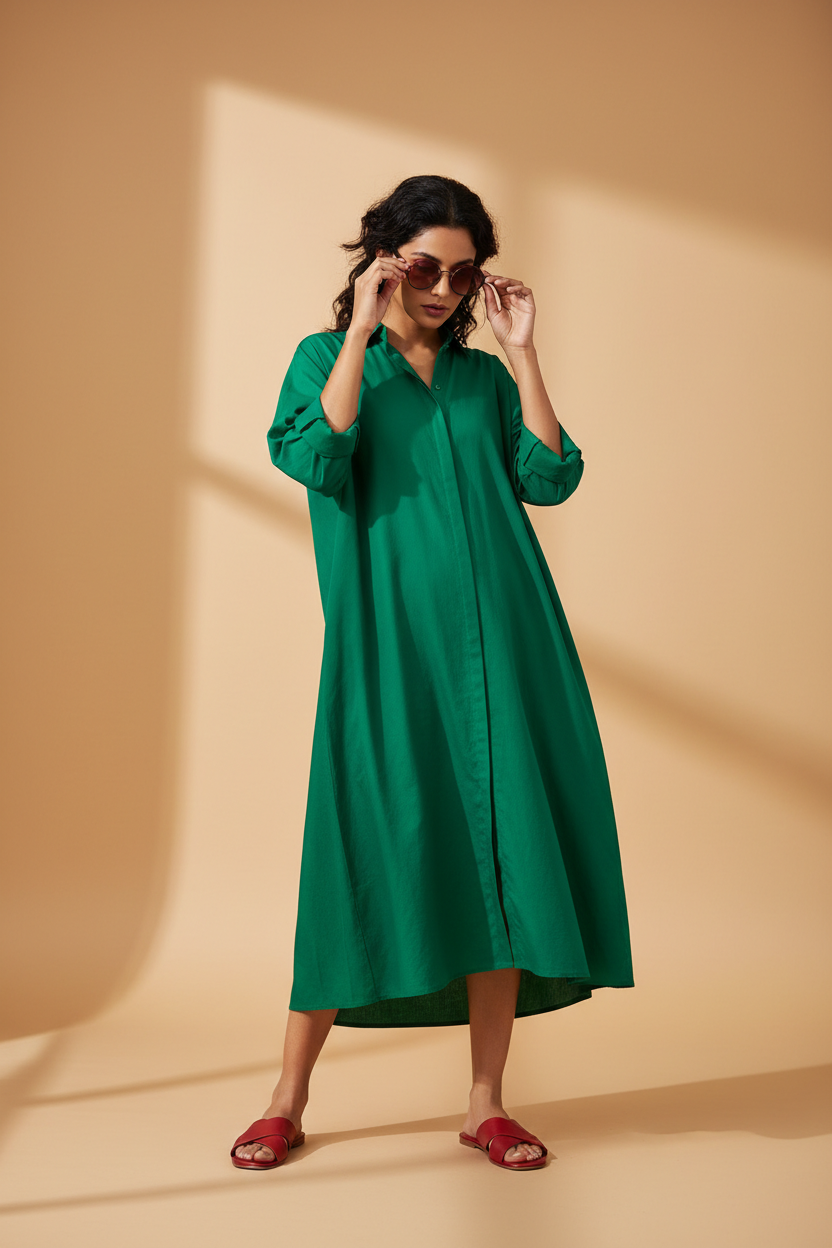 Model wearing an emerald green oversized midi shirt dress