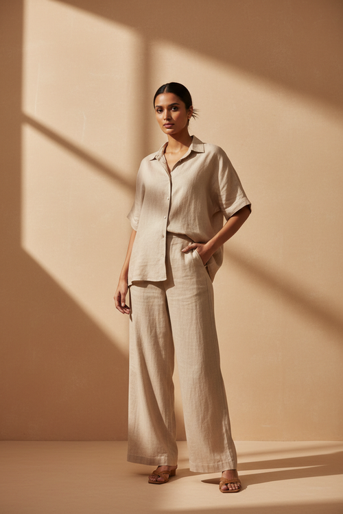 Model wearing a beige linen short-sleeve shirt with matching straight pants