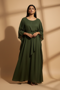Model wearing an olive green belted kaftan maxi dress
