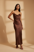 Model wearing a chocolate brown satin slip maxi dress