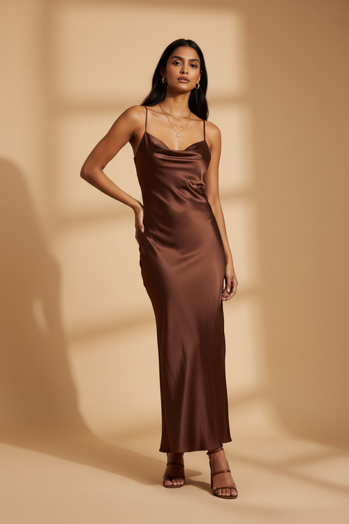 Model wearing a chocolate brown satin slip maxi dress