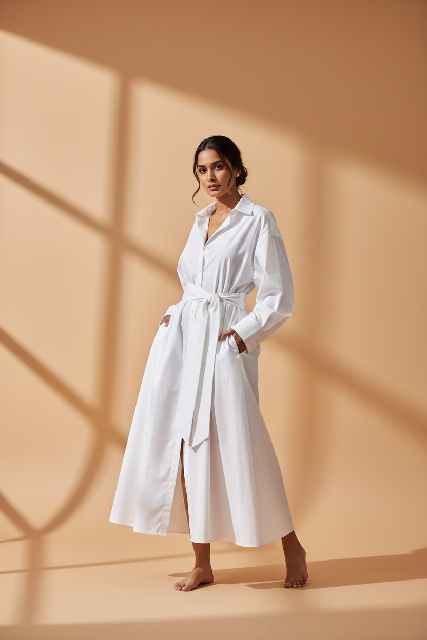 Model wearing a white oversized poplin shirt dress with a tie waist