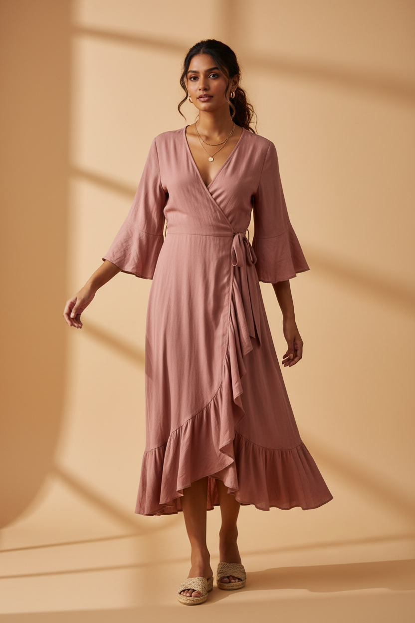 Model wearing a dusty pink flowy wrap midi dress