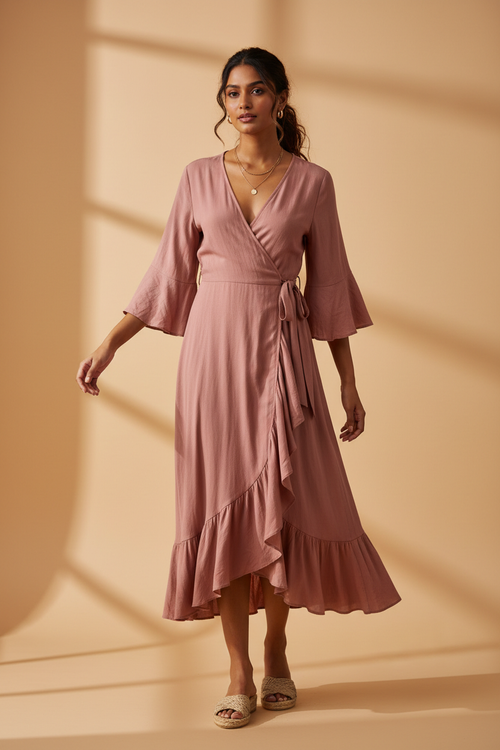 Model wearing a dusty pink flowy wrap midi dress