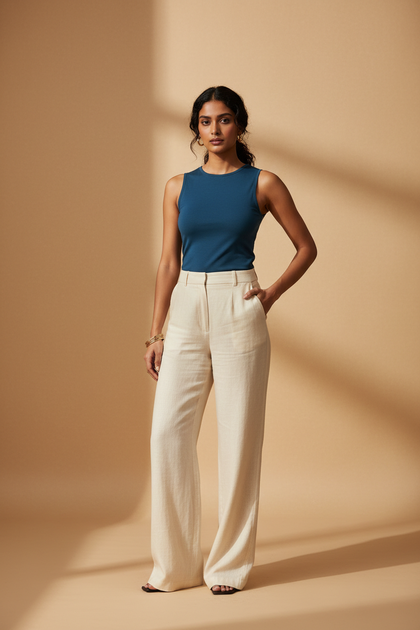 Model wearing a teal sleeveless fitted top with cream wide-leg pants